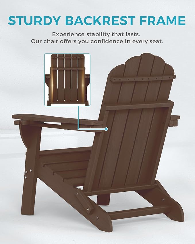 Adirondack Chairs Set of 4, Foldable Adirondack Chairs with 2 Cup Holder, Wood Texture HDPE Fire Pit Chairs, Outdoor Lawn Chair for Patio Garden, Brown