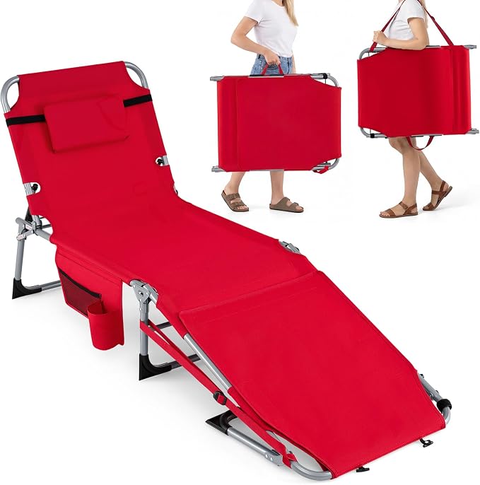 GYMAX Tanning Chair, 330LBS Beach Lounge Chair with Face Arm Hole & Hand Shoulder Strap, Folding Layout Sunbathing Chair, Face Down Outdoor Chaise Lounger for Patio, Poolside, Lawn, Backyard (1, Red)