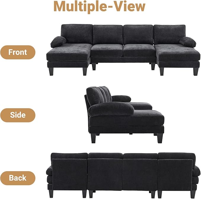 VINGLI 110" Sectional Couches for Living Room,U Shaped Couch with Double Chaise, 4-Seat Sofa Set with Chenille Fabric for Home Furniture,Black