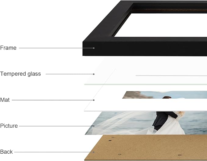 11x14 Picture Frame Set of 4 with Tempered Glass, Black Frame Display 8x10 Picture with Mat or 11 x 14 Without Mat, Rustic Wood Photo Frames for Horizontal or Vertical Wall Mounting