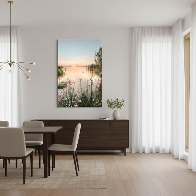 Lake Canvas Wall Art Picture: Sunset Landscape Painting Print Artwork Vertical Nature Scenery Decor for Living Room Bedroom