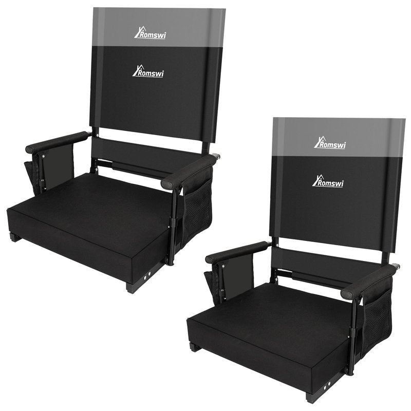 Romswi 2-Pack Stadium Seat with Height Adjustable High Back & Lumbar Support, 3" Thick Bleacher Chairs with 2 Height Adjustments, Armrests & Cup Holders, Comfortable & Portable, Black