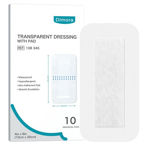 Dimora Waterproof Transparent Film Dressing with Pad, Large Clear Bandage Tape for Wound Care, Adhesive Post Surgical Cover Pad，for IV Shield, Tattoo Aftercare, Shower Protector 4x8 inch 10 Packs