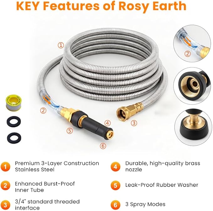 Rosy Earth Metal Garden Hose 175 FT - 304 Stainless Steel Water Hose 175 FT - Expandable Short Flexible Garden Hose,no Kink Explosion, no Bite
