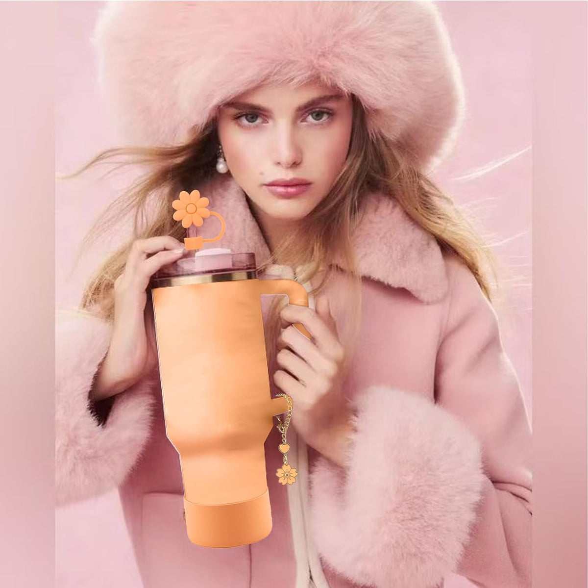 Stanley - Silicone Flower Straw Cover Toppers & Handle Charm Set | 10mm Straw Toppers & Boot Sleeve (Nectarine)