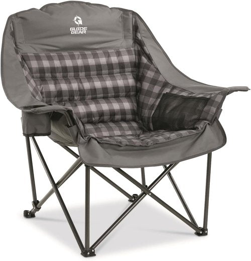 Guide Gear Oversized Padded Camping Chair - Portable Folding Lounge for Adults | 400 lb Capacity, Gray Plaid