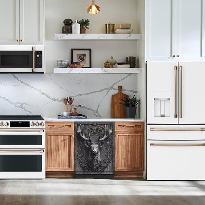 3D Deer Head Dishwasher Full Door Sticker, Gray Stone Flower Carving Refrigerator Cover for Home Appliance, Animal Deer Vinyl Decal for Dishwasher (23" x 26" Ordinary)