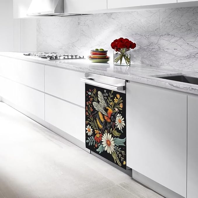 Flower and Bee Pattern Dishwasher Magnet Cover Sticker,Refrigerator Magnet Cover Decal Fridge Magnetic Stickers Home Kitchen Decor,23W x 26H inchs