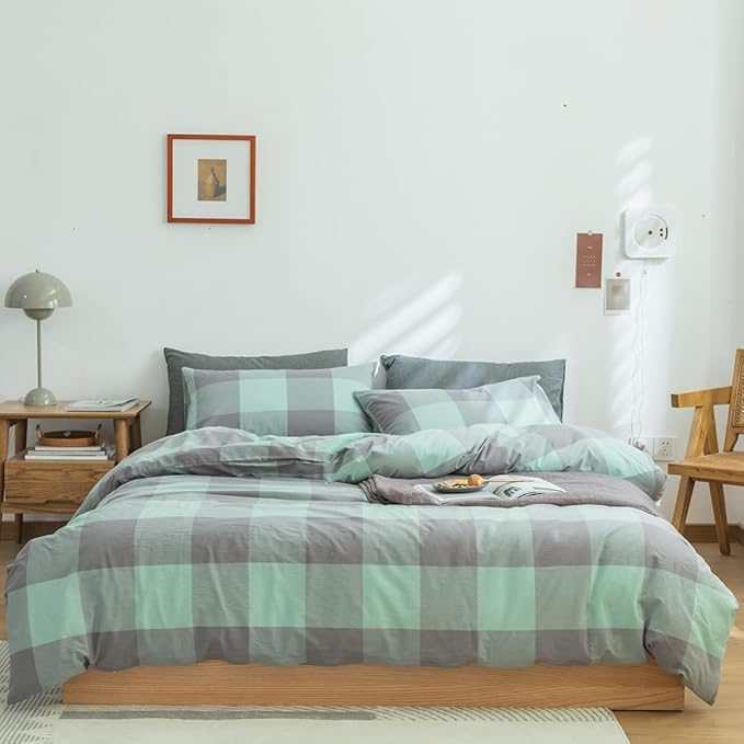 FACE TWO FACE Bedding Duvet Cover Set100% Washed Cotton Duvet Cover Linen Like Textured Breathable Durable Soft Comfy (Twin, Light Green Grid)