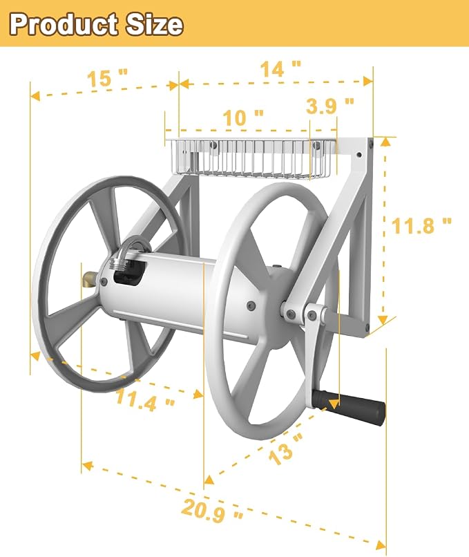 Artigarden Triangle Wall Mounted Garden Hose Reel, Outdoor Heavy-Duty Water Hoses Holder Winder, Holds 125 Ft of 5/8-Inch Hose, with 3.9 ft Leader Hose, Brass Fitting, Storage Basket for Yard, White