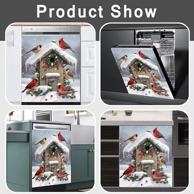 Winter Birds Magnet Dishwasher Cover Skin Panel Decal Christmas Decorated Birdhouse Fridge Magnets Door Cover Winter Snow Scene Vinyl Magnetic Sticker for Dishwasher, 23 inx26 in Magnet