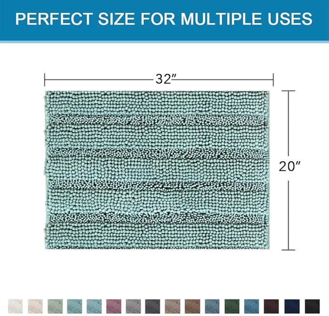 H.VERSAILTEX Bath Rugs for Bathroom Non Slip Bath Mats Extra Thick Chenille Striped Rug 20" x 32" Absorbent Non Skid Fluffy Soft Shaggy Washable Plush Mat for Indoor, Bath Room, Tub - Eggshell Blue