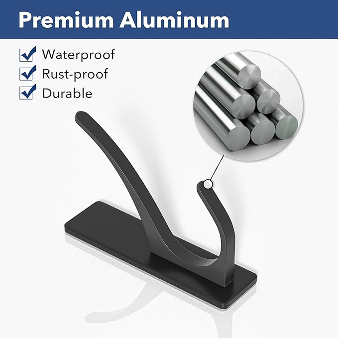 Self Adhesive Coat Hooks for Hanging, Heavy Duty Stainless Double Wall Hook for Towel, Backpack, Hat, Sturdy Metal Hanger for Bathroom, Bedroom, Door, Wall Mounted, 10 Pack, Matt Black, New