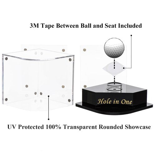 Golf Ball Display Case for Hole-in-One Golfer. Black Ball Throne with Golden Stamp. 2X Background Frames on Each Side of Cambered Cover. Pencil Holder, Glue Dots are All Included, No Assembly