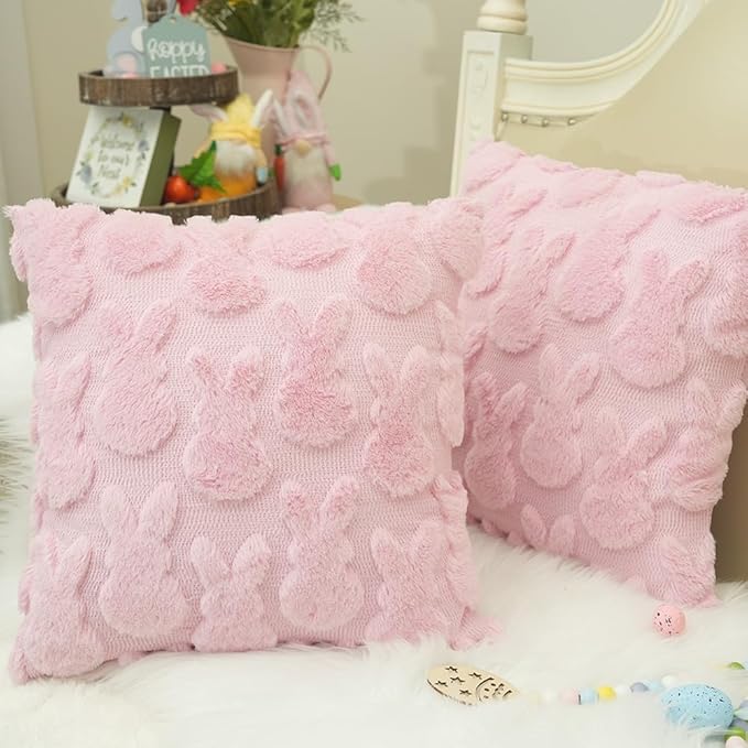 GEEORY Easter Bunny Soft Plush Pillow Covers, 20 x 20 Inch Set of 2, Fluffy Faux Fur Wool Decorative Farmhouse Cushion Case for Sofa Home Decoration Pink GC015-20