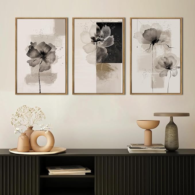 IARTTOP Neutral flower Framed Wall Art 16x24 Inch Black Beige Abstract Floral Canvas Wall Decor Modern Minimalist Flower Paintings for Living Room Bedroom Dining room Set of 3