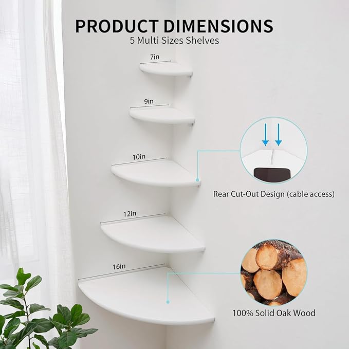 Gieanoo White Corner Wall Shelf 12inch Solid Oak Wood Floating Corner Shelf