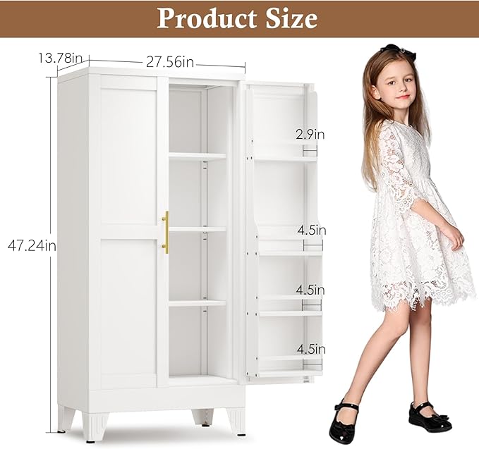 Metal Kitchen Pantry Cabinet, Storage Cabinets with 2 Door and 3 Adjustable Shelves, White Freestanding Food Storage Cabinet, Steel Cupboard for Kitchen Dinning Room