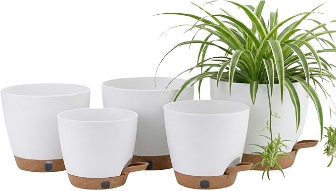montresor 5-Pack Self-Watering Planters with Wick & Reservoir (5/5.5/6/6.5/7 Inch) – Plastic Indoor Pots with Drainage, Modern White Flower Pot for Violet, Herb