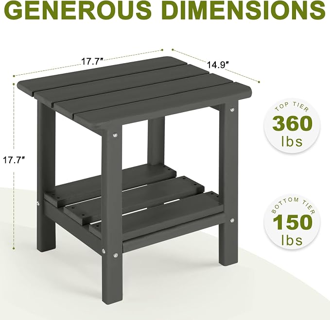Adirondack Outdoor Side Table, 2-Tier Small Patio End Table, Weather Resistant HDPE Outdoor End Tables for Garden, Lawn, Pool, Beach, Porch, Deck, Backyard - Square, Dark Gray