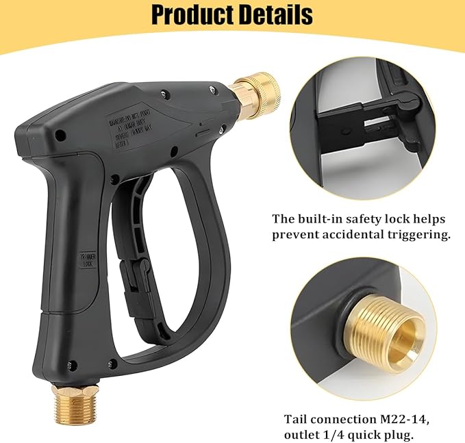 Zpana Car High-Pressure Washer Gun, 4350 PSI Max Vehicle Cleaning Power Washer Gun with 1/4" Outlet Quick Connect, M22-14 Thread Auto Washing Pressure Sprayer Tool, Universal for Vehicle
