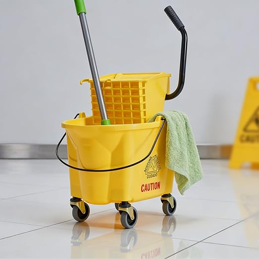 DUMOS 38-Quart Commercial Mop Bucket with Side-Press Wringer, Heavy-Duty Floor Cleaning System, Durable Wringer & Non-Marking Casters, Yellow