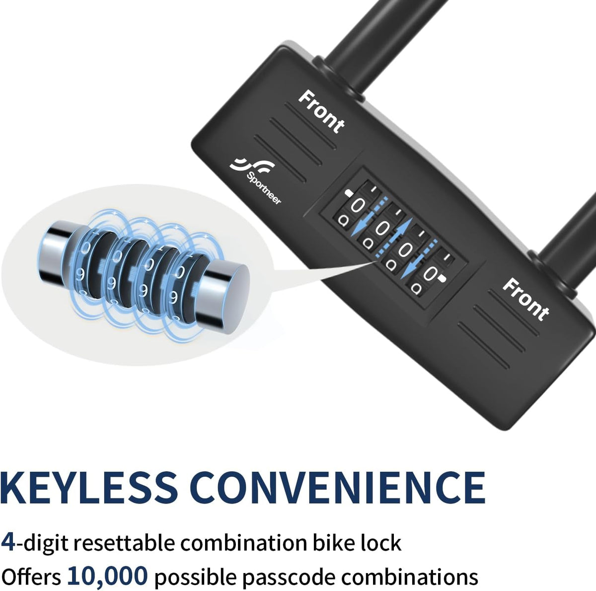 Sportneer Bike Lock - 14mm Keyless Combination U-Lock with 5ft Security Cable | Heavy-Duty Anti-Theft Design, 9.05''x4.9''