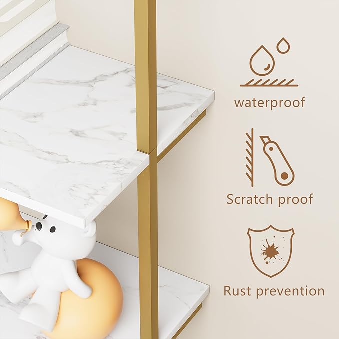 aboxoo Ladder Shelf White Marble Bookshelf 5-Tier Wall-Mounted Wood Rack