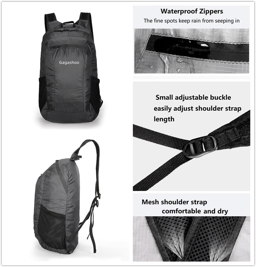 Skiennix Small Foldable Hiking Daypack - Lightweight Casual Backpack for Camping & Travel (Black)
