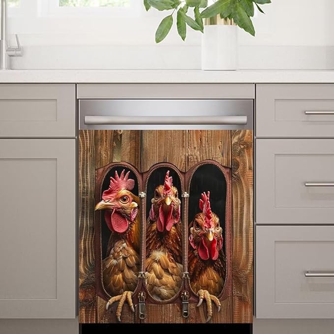 Wood Board and Rooster Painting Dishwasher Magnet Cover Sticker Magnetic Refrigerator Panel Sticker Decorative Front Door Decal 23W x 26H inchs