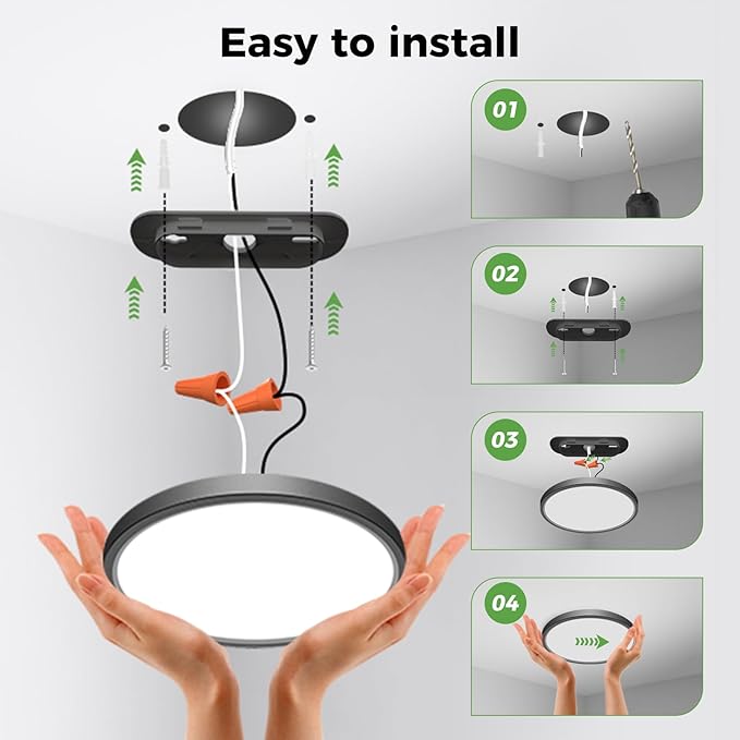 zemty 4Pack LED Ceiling Light Fixture 6.5 Inch, 12W 1200lm Ceiling Mount Light Fixtures, Adjustable 3000K 4000K 6500K, Round Flat Ceiling Lamp for Bathroom Closet Hallway Laundry (Black)