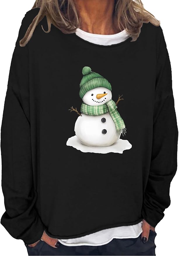 LOAIHA Christmas Shirts for Women Crewneck Snowman Snowflake Santa Graphic Shirts Christmas Tree Long Sleeve Xmas Hoodie