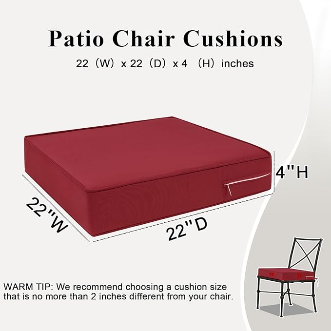 Outdoor Chair Cushions 22x22x4 Inch, Waterproof Red Patio Furniture Cushions Set of 2 with Ties & Handle, 3 Year Color Fastness Square Replacement Seat Cushions for Sofa, Couch
