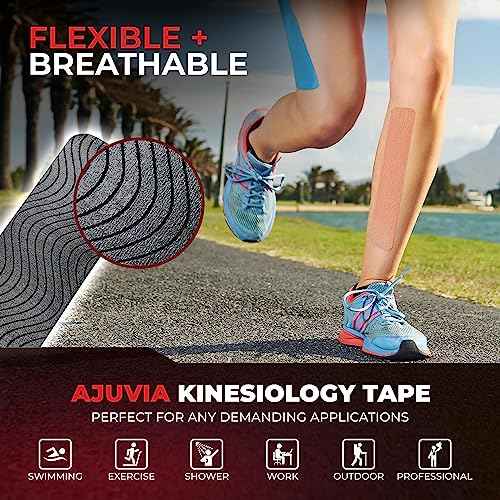 AJUVIA Synthetic Kinesiology Tape, 1 Roll, 10% Bonus, 20 + 2 Precut Strips, Lasts up to 14 Days, Hypoallergenic and Waterproof K Tape for Muscle Pain Relief and Joint Support