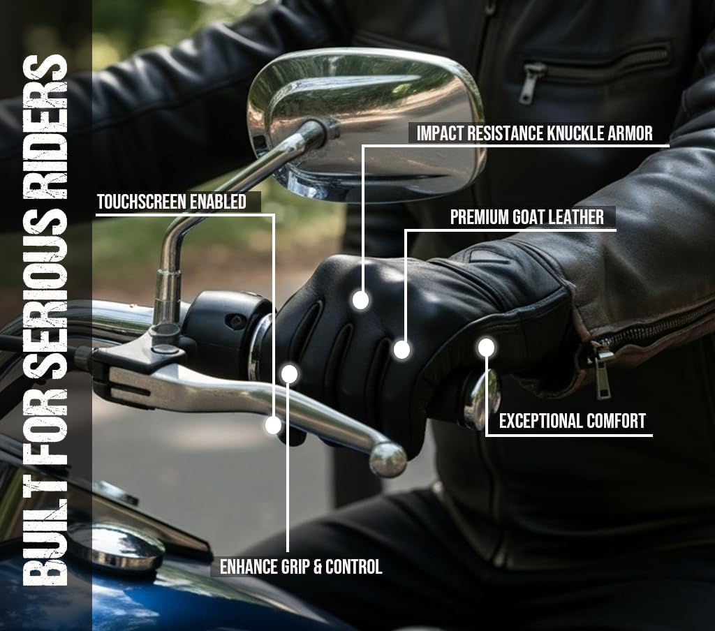 Skiennix Motorcycle Gloves - Premium Leather, Touch Screen, Non-Slip Protection for Men