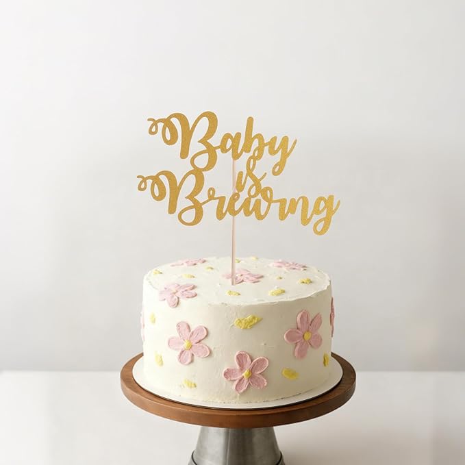 Gold Baby is Brewing Cake Topper - Glitter Baby Shower Cake Topper, Gender Reveal, Baby Arrival Announcement Party Cake Decorations