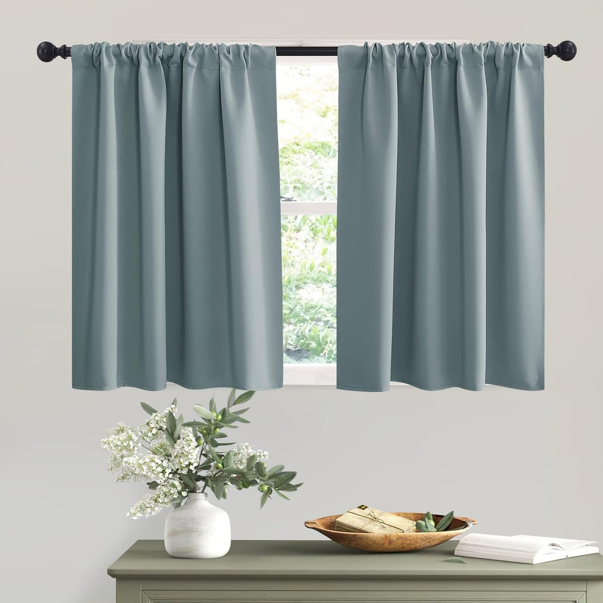 RYB HOME RV Curtains for Camper Windows - Soft Thermal Insulated Small Window Curtain Tiers for Cafe Kitchen Bedroom Basement Glass Door Window, W 42 x L 30 inches, Dusty Blue, 2 Panels