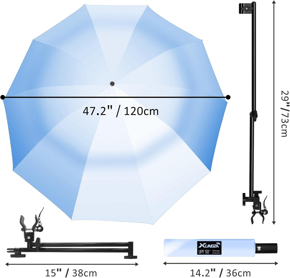 XLINGZA UPF 50+ Beach Umbrella with Adjustable Universal Clamp