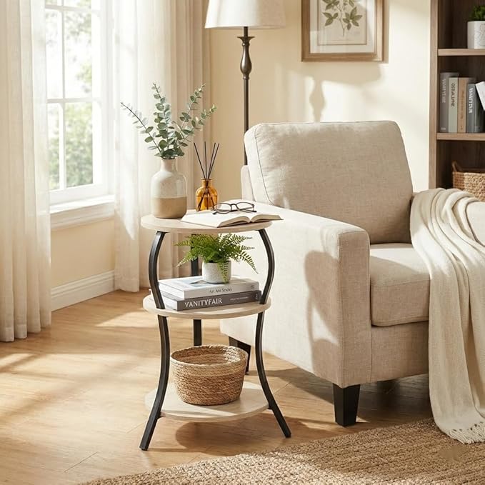 Vintage Small Round Side Table, 3-Tier Slim Waist Circular End Table with Storage Shelf, Compact Tea Sofa Side Table, Round Corner Coffee Table Nightstand for Living Room Bedroom Small Spaces,Oak