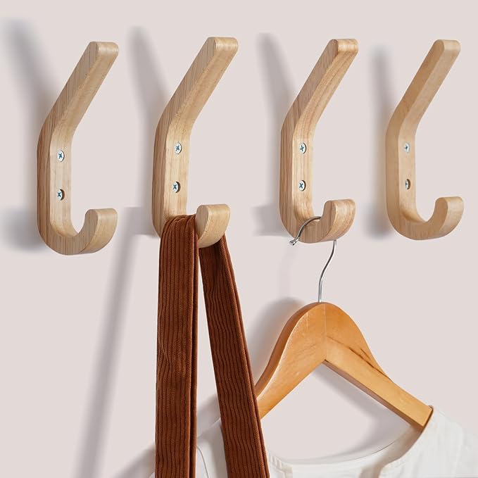 Natural Wood Wall Hooks, 4 Pack Wall Mounted Wooden Coat Hooks, Modern