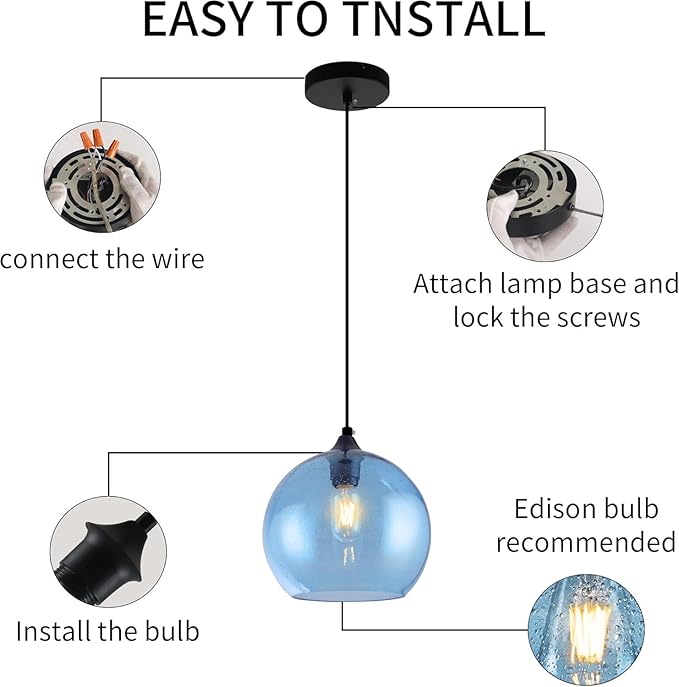 Blue Pendant Lights Kitchen Island Lighting Modern Globe Hand Blown Glass Pendant Light Ceiling Hanging Light fixtures for Kitchen Island Bedroom Living Dining Room Light Fixture-11.8in