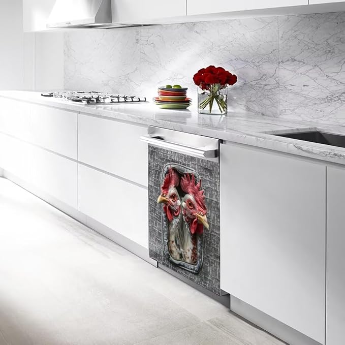 Wood Board and Rooster Wallpaper Dishwasher Magnet Cover Panel Kitchen Decorative Magnetic Refrigerator Front Door Cover Sticker,23W x 17H inchs