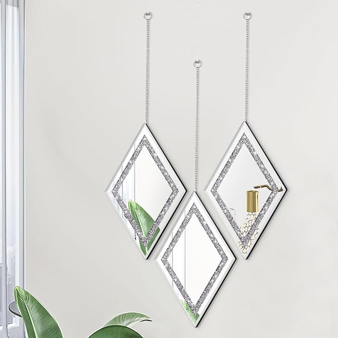 Pibeyer Silver Diamond Shaped Wall Mirror Set of 3, Decorative Crystal Crush