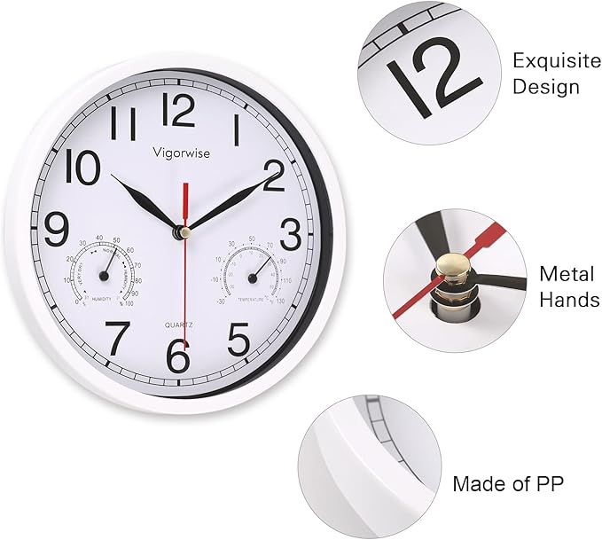 8 Inch White Wall Clock, Sweep Silent Movement Accurate Clocks