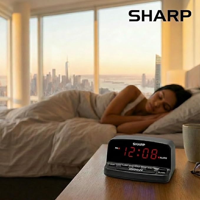 Sharp Digital Alarm Clock with Keyboard Style Controls, Battery Back-up