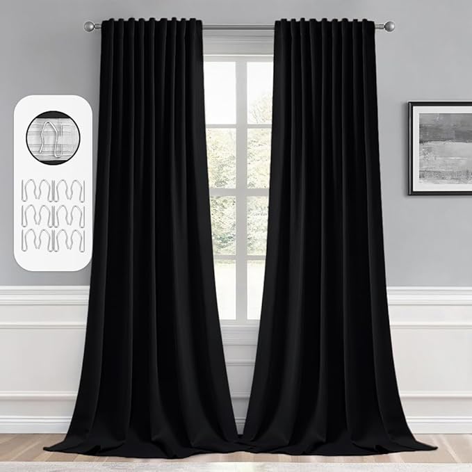 MIULEE Black Back Tab Blackout Curtains 132 Inch Length 2 Panels Set