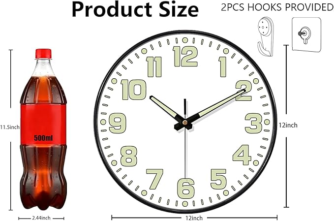 12 Inch Silent Wall Clocks Battery Operated, Glow in The Dark Wall Clock