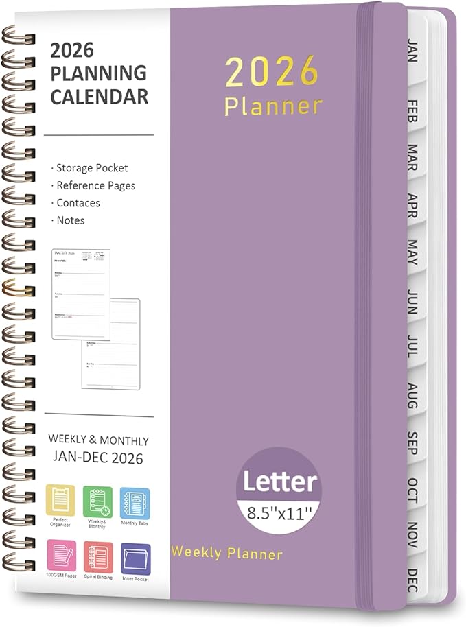 2026 Planner, Weekly and Monthly Calendar Academic Planner, Jan 2026 - Dec 2026, 8.5‘’ x 11'', Planning Agenda Book for Desk Accessories and School Supplies - Letter Size