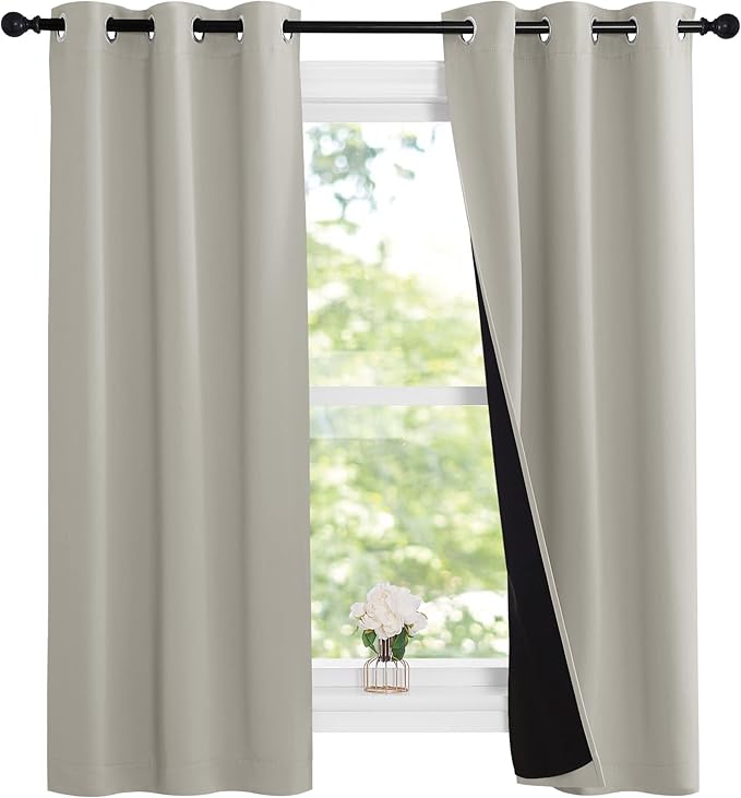 NICETOWN Natural 100% Blackout Lined Curtains, 1 Pair, 2 Thick Layers Narrow