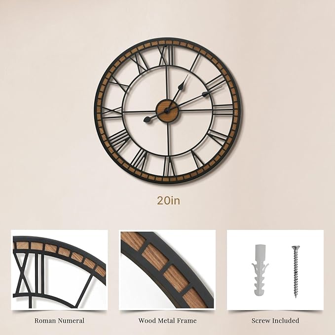 Micasso Large Farmhouse Wall Clock: 20 inch Modern Metal Black